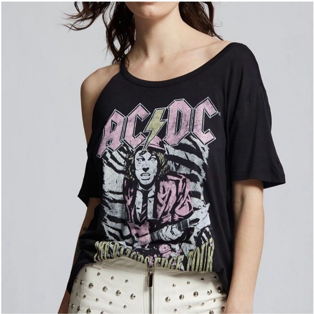 Recycled Karma AC/DC Band T-shirt size L Asymmetrical cold shoulder rock